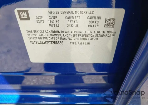 2012 Chevrolet Cruze Ls из США, поврежденный, VIN 1G1PC5SHXC7268550